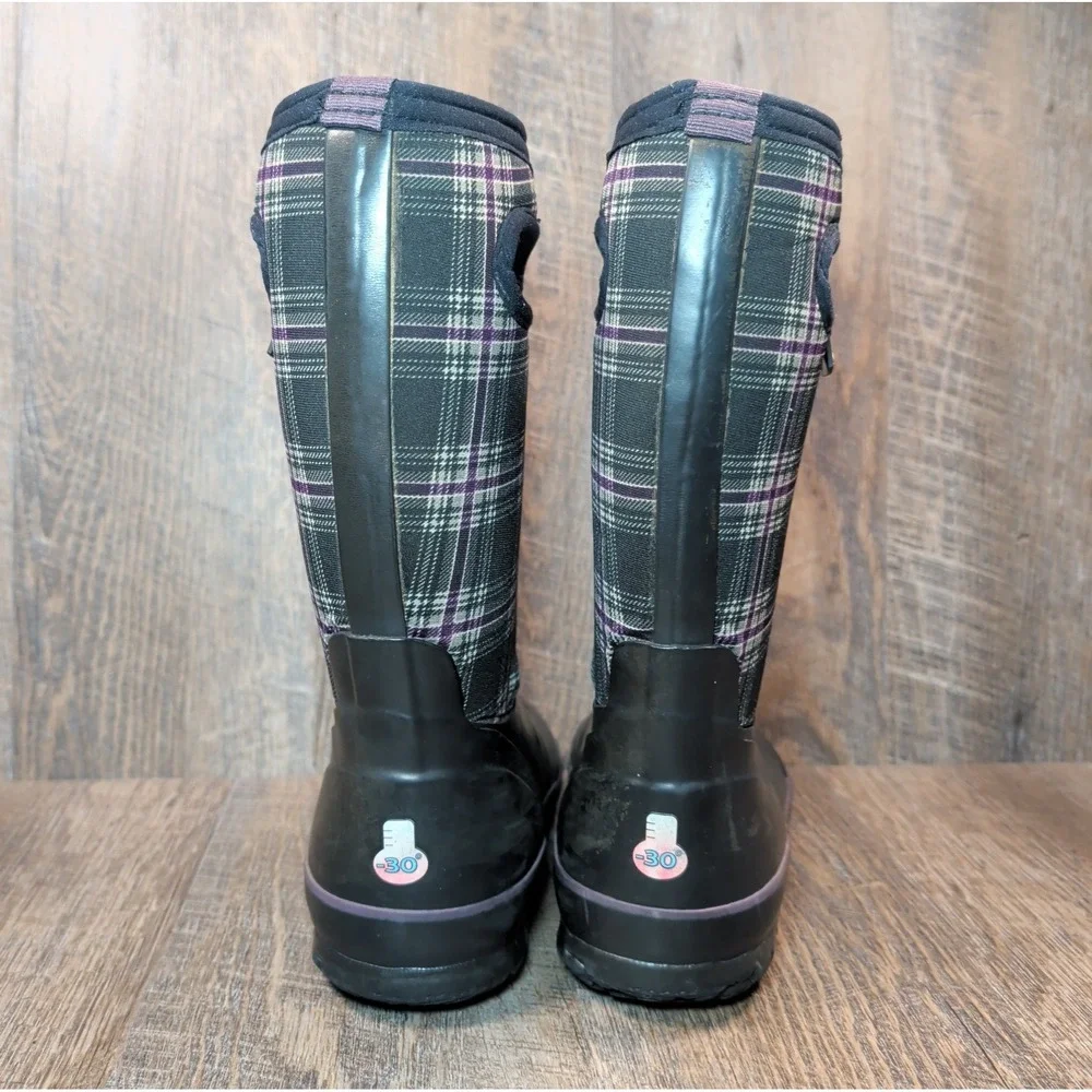 Bogs Kids Youth Size 1 Waterproof Insulated Rain Boots Black Plaid Boys Girls
